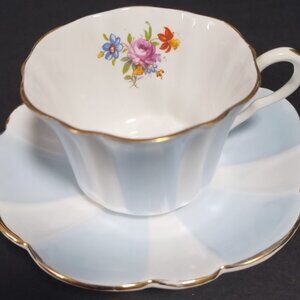 Vintage English Castle Bone China Tea Cup & Saucer, Blue & White Stripes, Rose